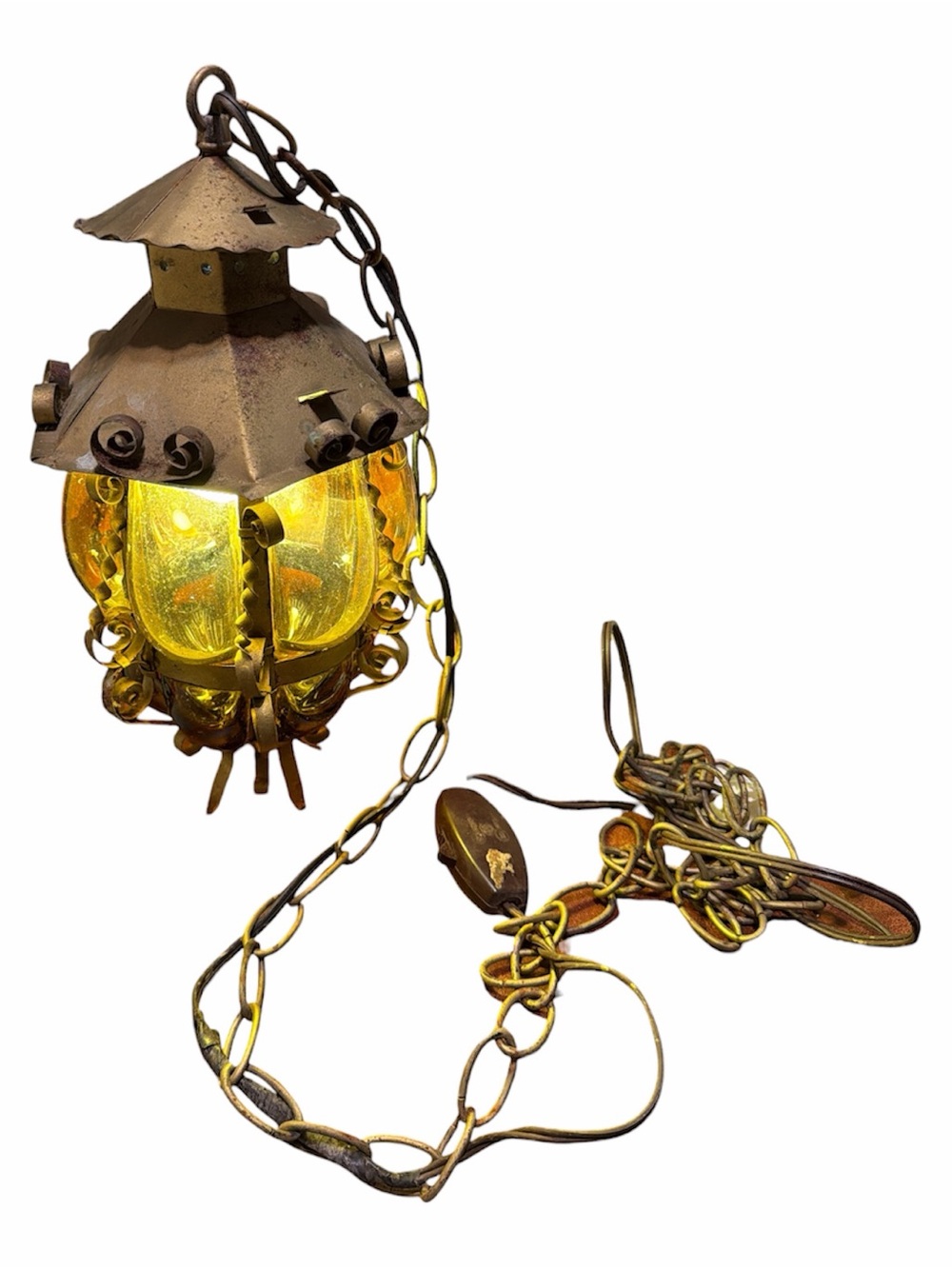 Vintage-Style Hanging Lantern in Blown Amber Glass Gold Tone by GE - Picture 2 of 9